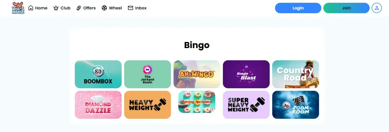Current Vegas Moose Bingo page showing named bingo rooms such as 80 Ball Bingo and 90 Ball Bingo