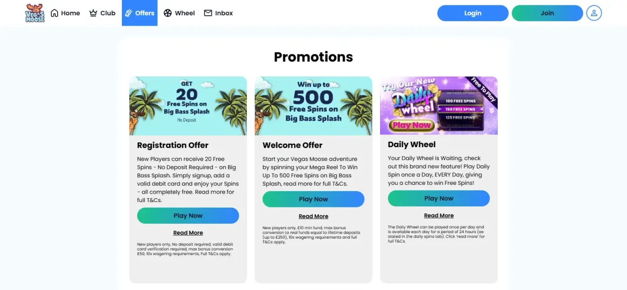 Vegas Moose promotions page showing the current Registration Offer and Welcome Offer
