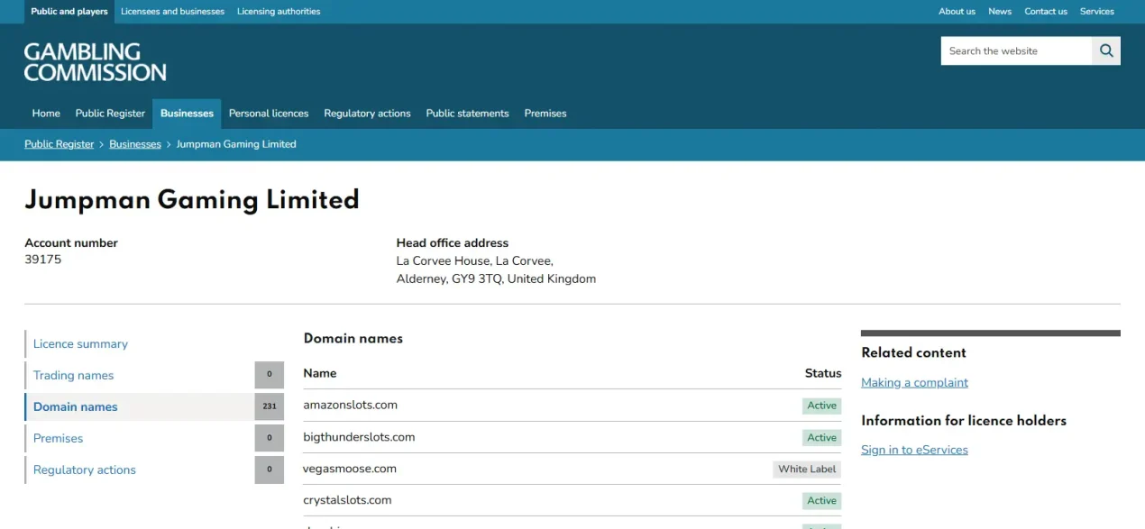 UK Gambling Commission domain register showing vegasmoose.com as a White Label under Jumpman Gaming Limited account 39175