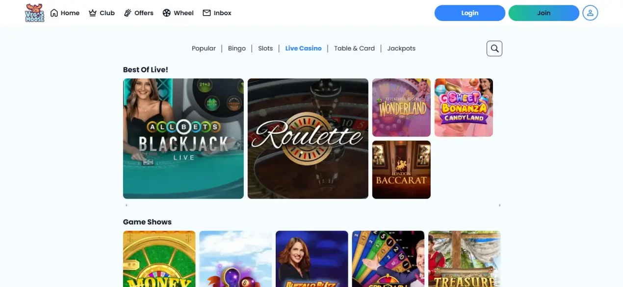 Current Vegas Moose Live Casino category showing live dealer game options