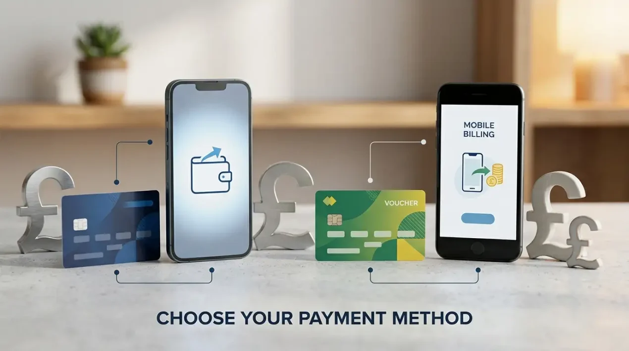 Editorial illustration of GBP casino payment categories including debit card, e-wallet, prepaid and mobile payment symbols