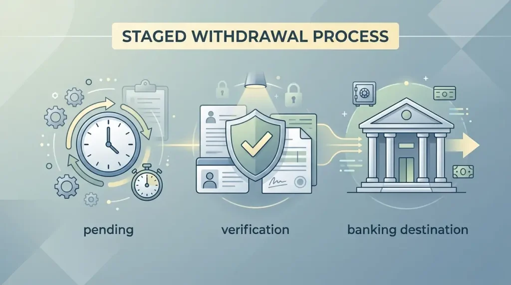 Editorial two-stage withdrawal timeline with pending clock, verification checkpoint and bank processing symbols