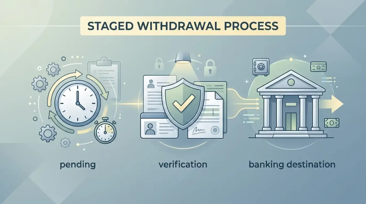 Editorial two-stage withdrawal timeline with pending clock, verification checkpoint and bank processing symbols