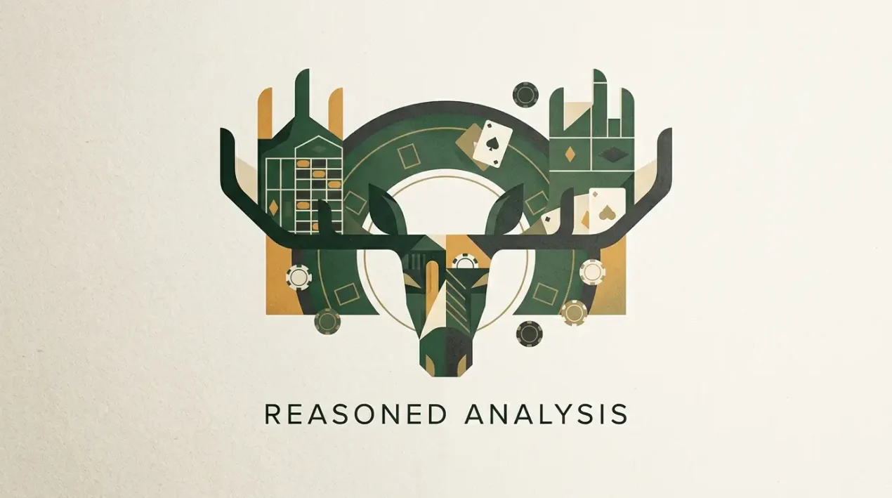 Casino review illustration with a moose-inspired motif and playing-card details